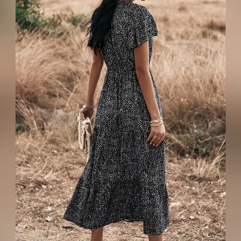 Fit and Flare Reverse Dalmatian Print Split Hem A-Line Dress Maxi S - Picture 2 of 7